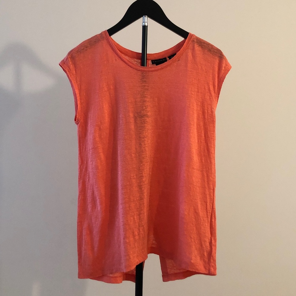 TAHARI Button Back Top 100% Linen Shirt Sheer Tee Sleeveless Salmon Pink Size S
